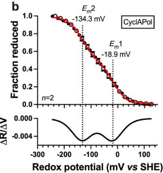 Fig. 4. Redox measurements recorded in CyclAPol nanodiscs. (Hardy,
            <em>et al.</em>
            2024)