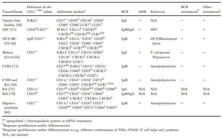 CD21-/low cell subsets are defined and characterized under various conditions.